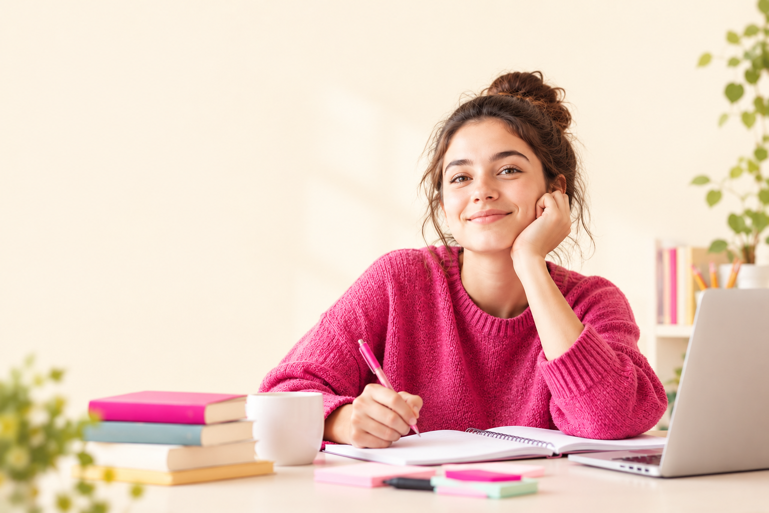 Estudiante con cuaderno y resaltadores junto a una ventana