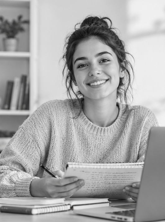 Estudiante sonriendo con sus apuntes