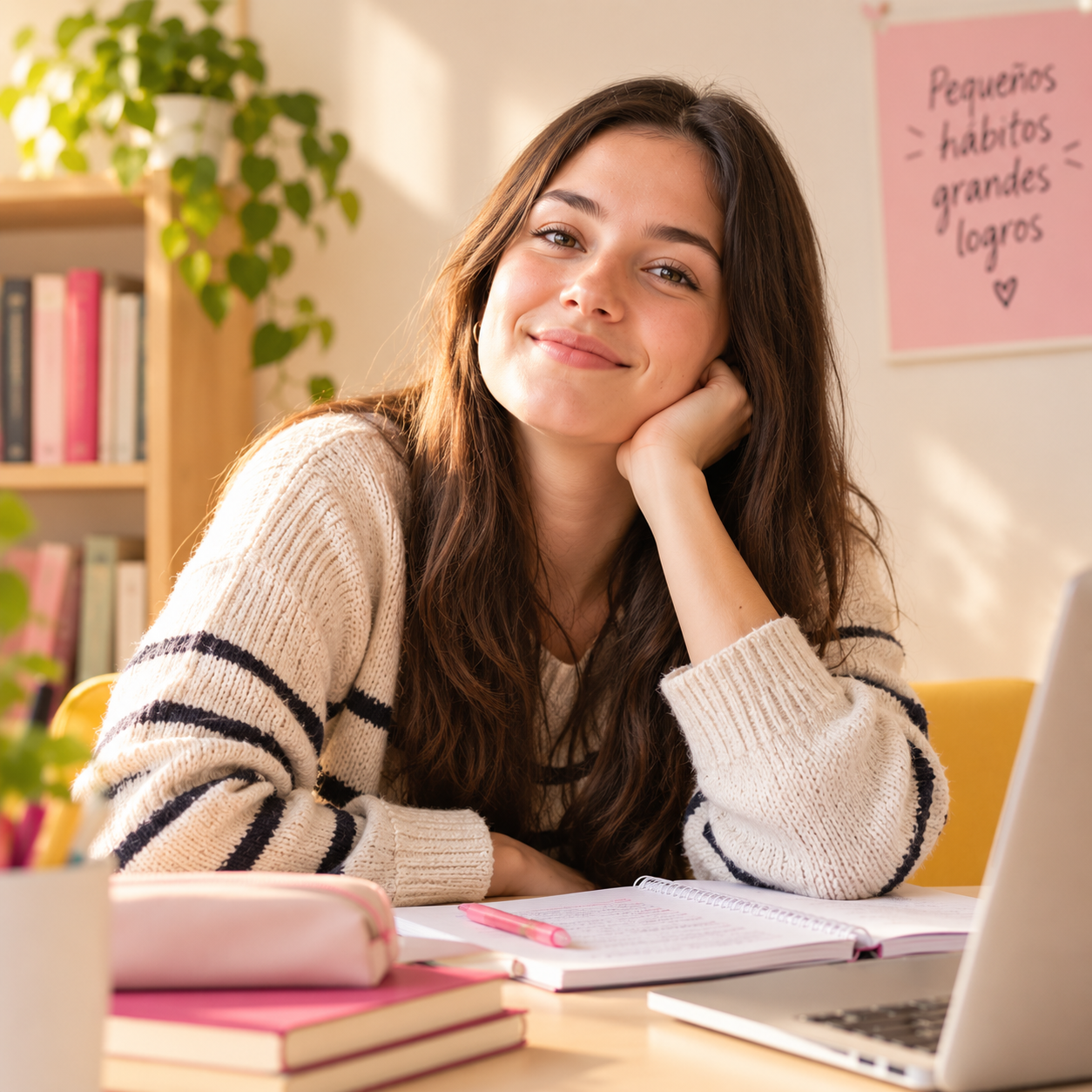Estudiante en su escritorio, mirando a cámara