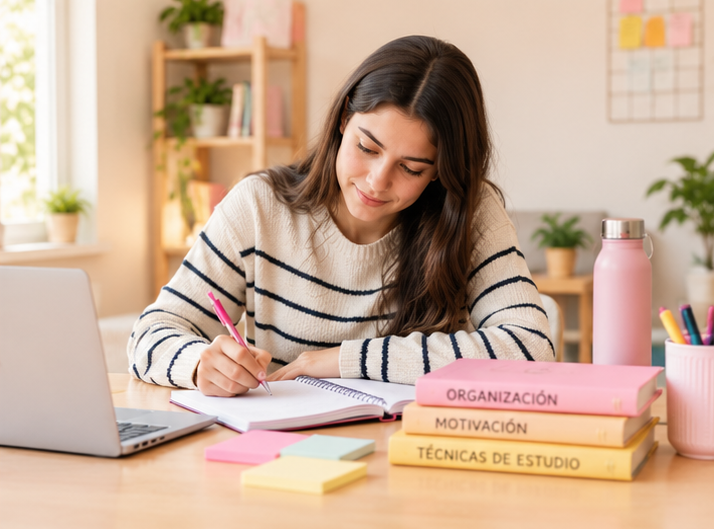 Estudiante armando su plan de la semana con agenda y notebook
